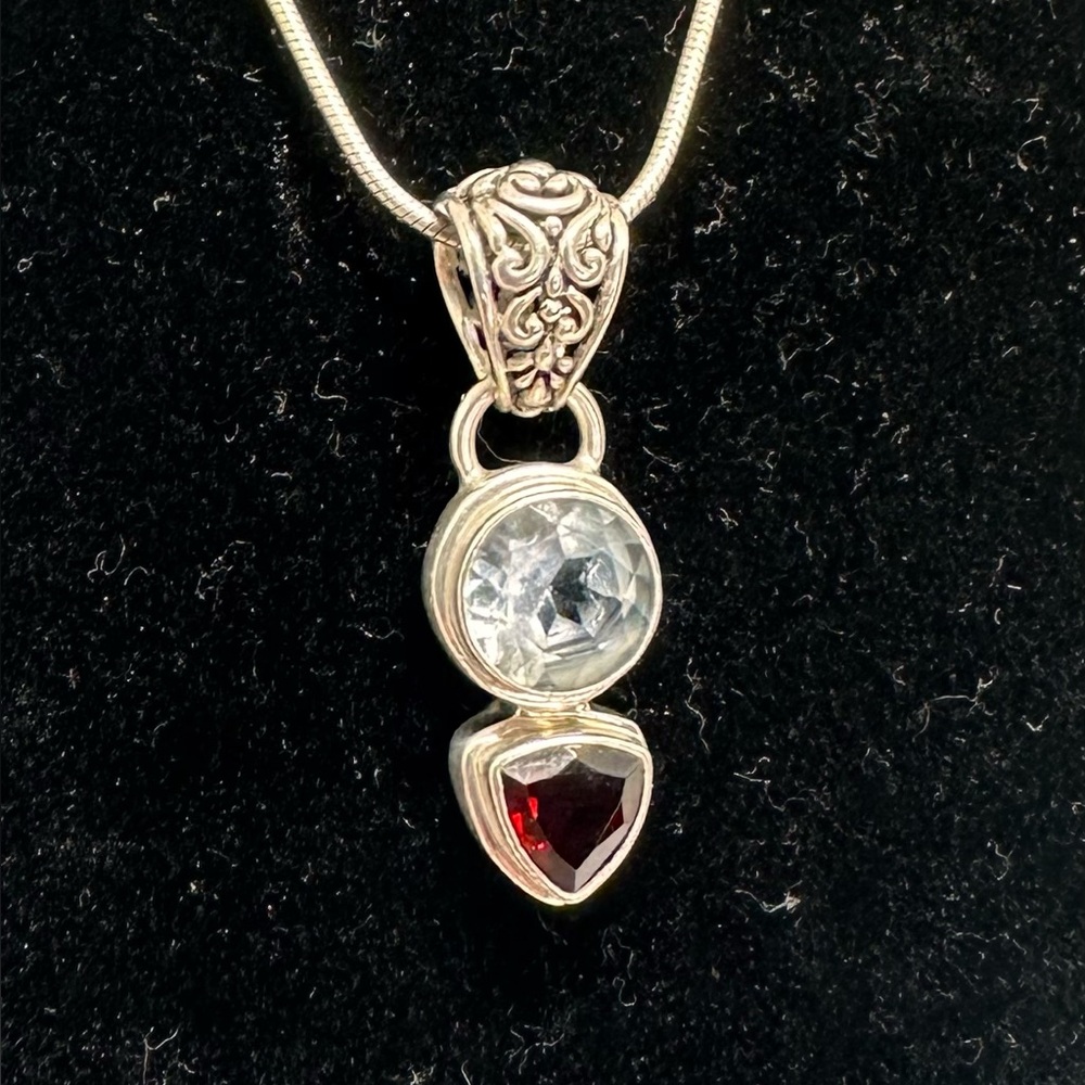 SARDA Sterling Silver Blue Topaz Garnet Filigree Bali Scroll Pendant Necklace